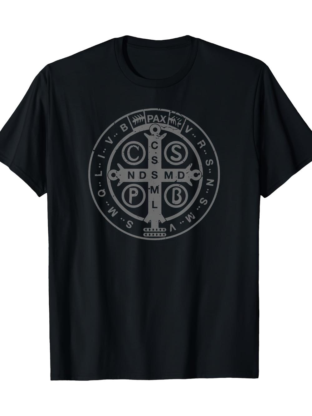 

Men S St. Benedict Medal T-Shirt Durable 180Gsm Religious Tee Black Featuring White Benedictine Rule Design Quick-dry T-Shirt S разноцветный