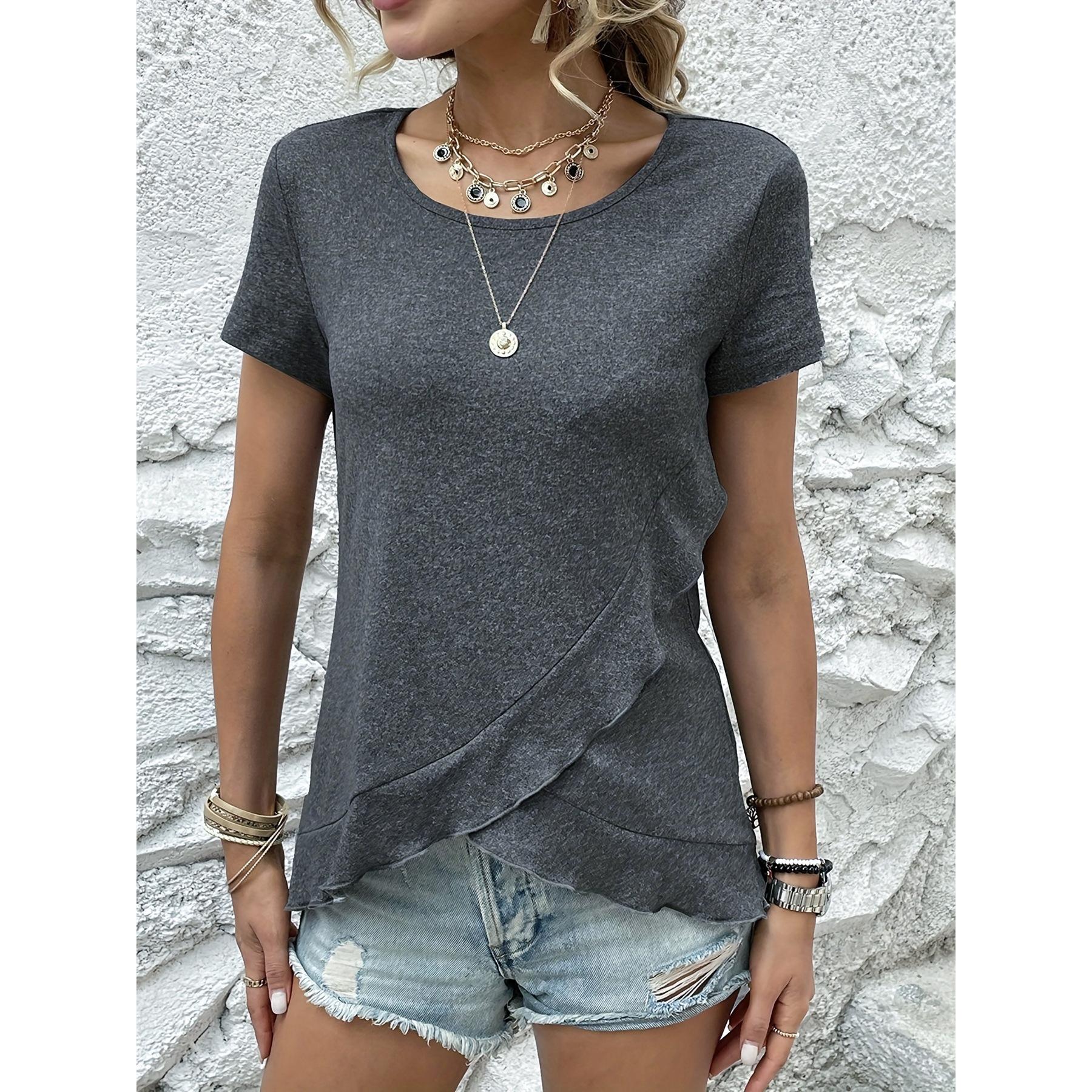 

Новая простая однотонная футболка для похудения с рюшами и отделкой XL серый