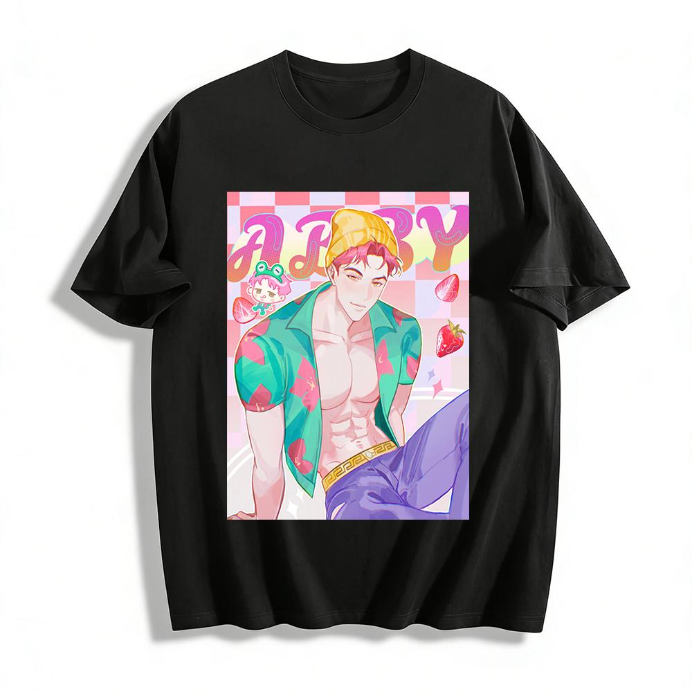 

Summer Trendy Strawberry Print Muscular Guy Graphic T-shirt Casual Loose Top With Cartoon Element Pure cotton T-shirt 6XL