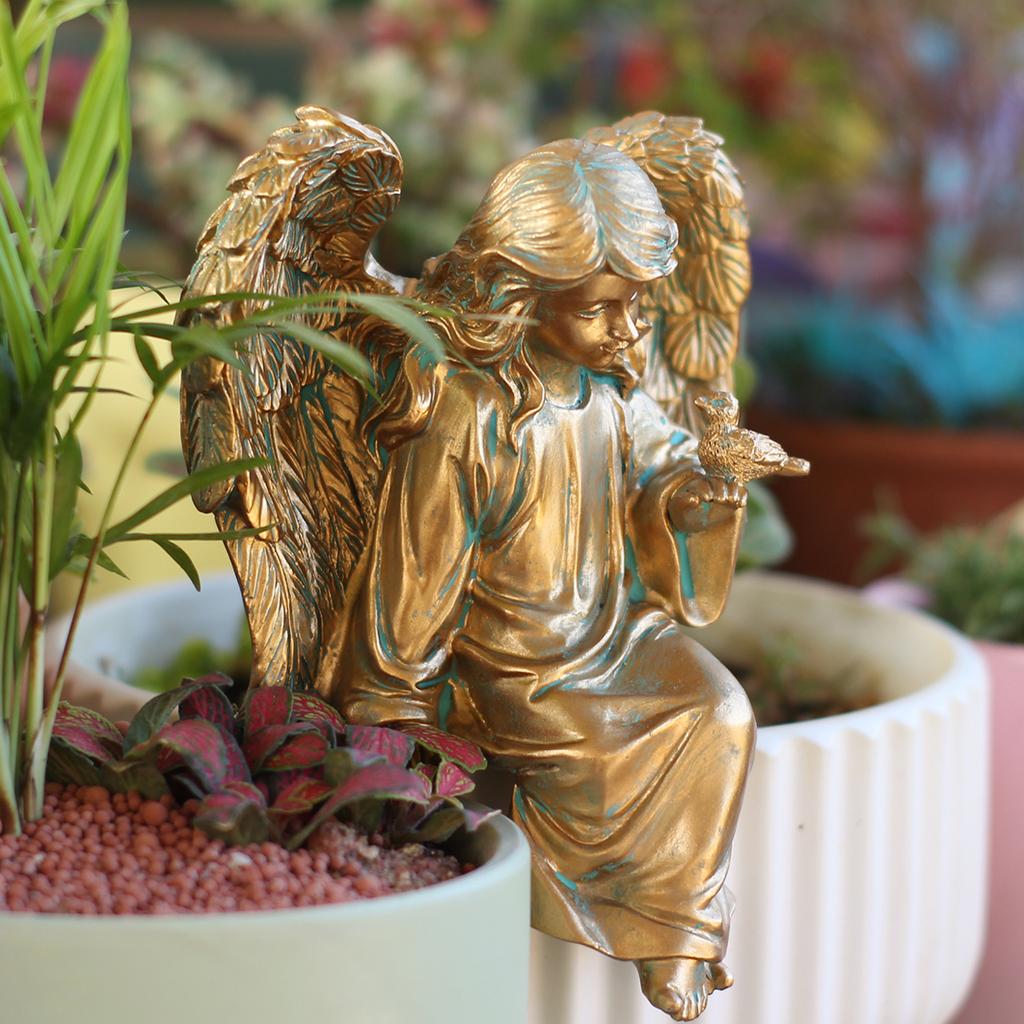 1 bronze angel and bird ornament, garden bonsai statue, home desktop decoration ornament, resin handicraft