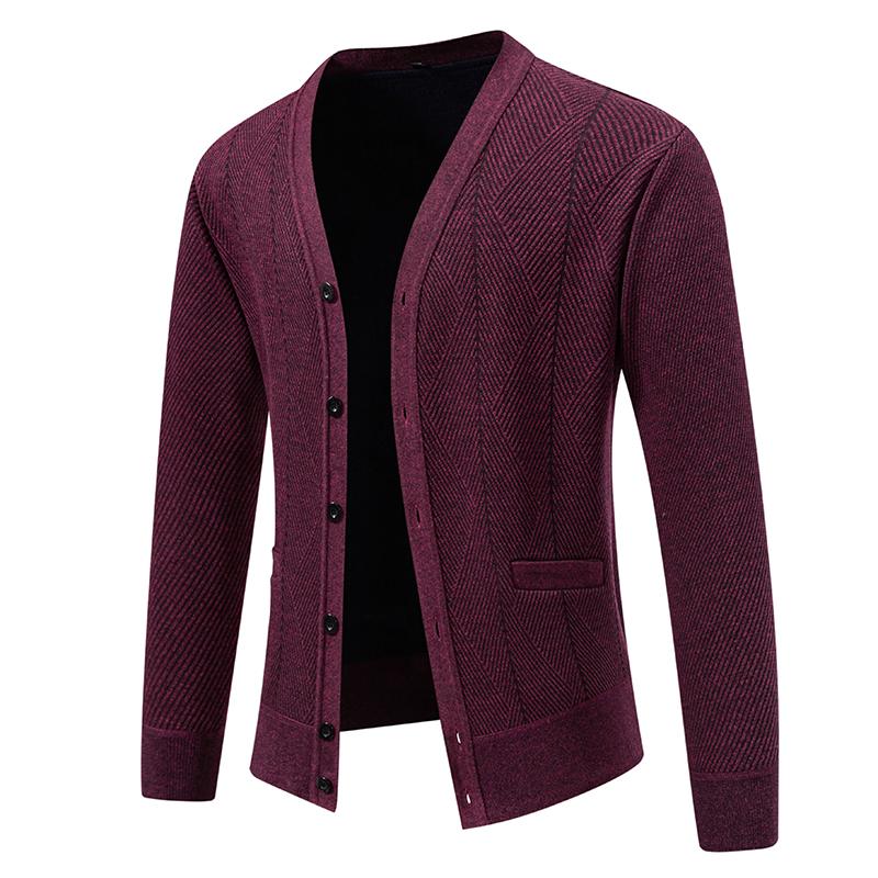 2025 Autumn Men Slim Fit Knit Sweatercoat Men Solid Color Fleece Knitted Cardigan Men Casual V-Neck Sweater Warm Outerwear