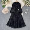 Lace Puff Sleeve Long Dresses Solid Korean Fashion Singe Breasted Elegant Retro Autumn Long Dress Ruffles Bow Women Dress
