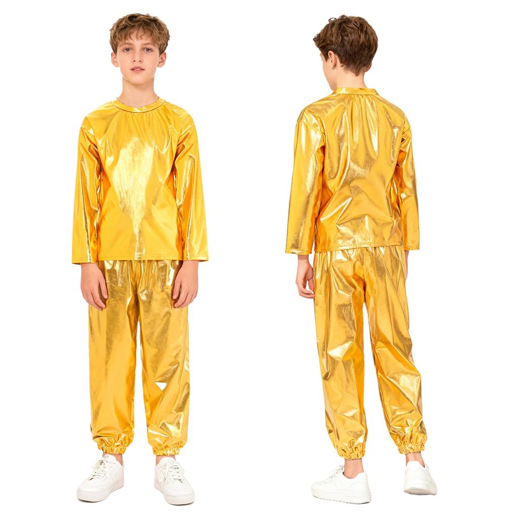 Kids Girls Dance Performance Outfit 2-Piece Set: Metallic Shiny Long Sleeve T-shirt & Matching Shiny Pants for Stage & Party