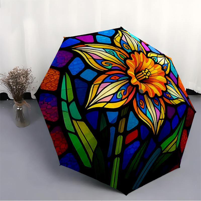 1pc Stained Glass Flower Automatic Folding Umbrella - 8-Rib Compact Travel Umbrella Durable & Portable for Outdoor Use, Perfect Gift055