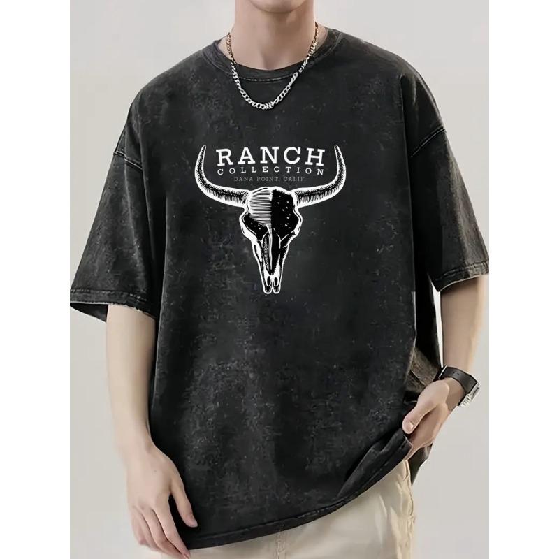 

European Size Men s Heavyweight Vintage Washed T-Shirt - Soft Breathable Loose Fit Tee with Bull Horns Graphic, Black Retro Streetwear Shirt S чёрный