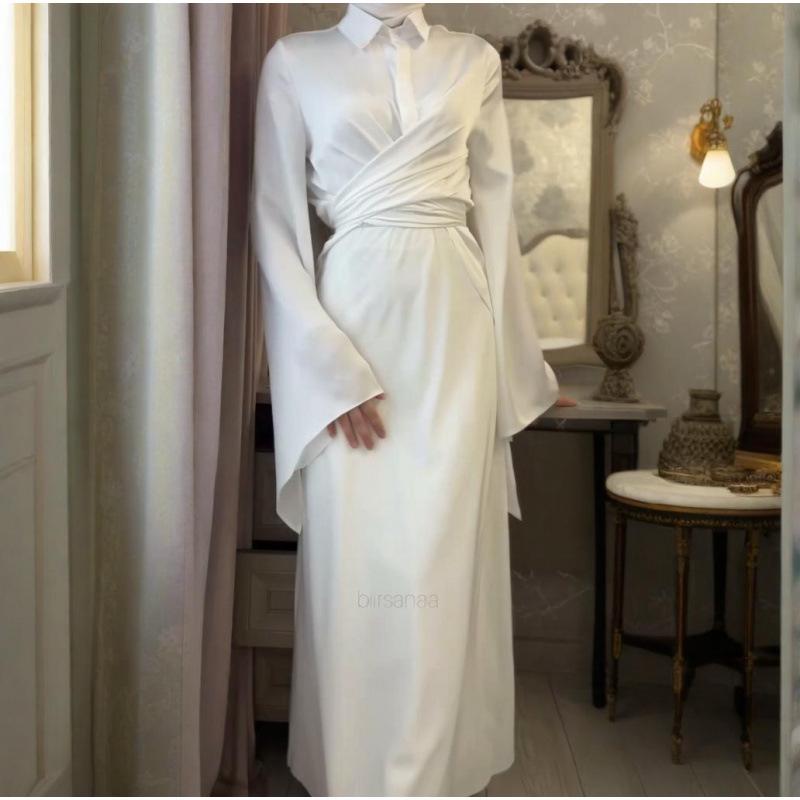 2025 Autumn European & American Satin Shirt and Bodycon Skirt Set with Flared Sleeves and Turn-Down Collar for Women