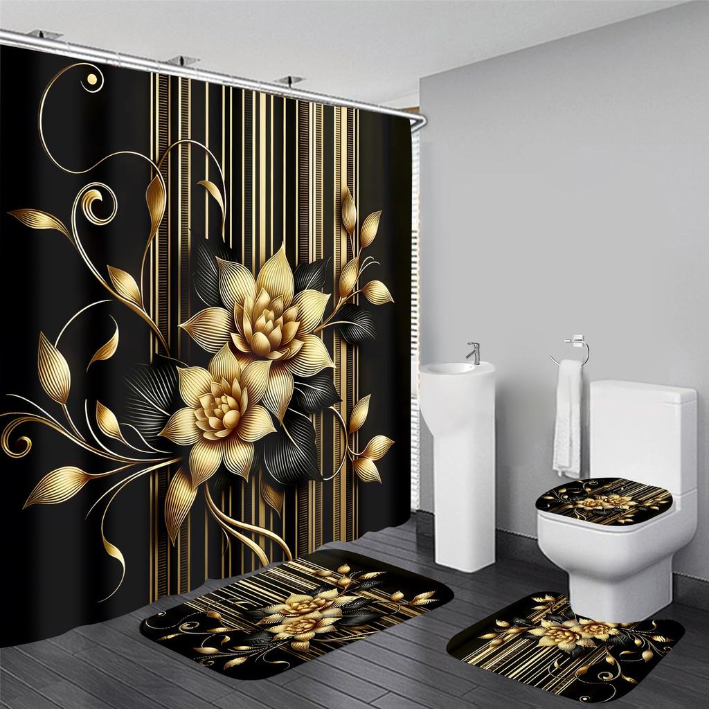4Pcs Shower Curtain Set with Non-Slip Bath Mat, Toilet Lid Cover, Contour Rug & 12 Hooks, Bathroom