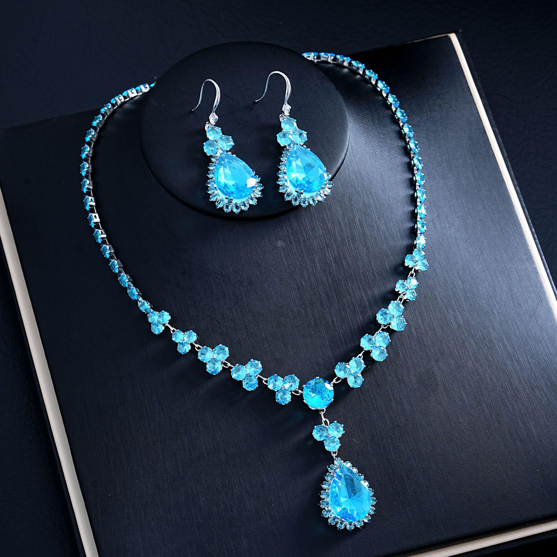 Hot-Selling Green Water Drop Earrings & Necklace Bridal Set - Fashionable Zircon Accessories синий