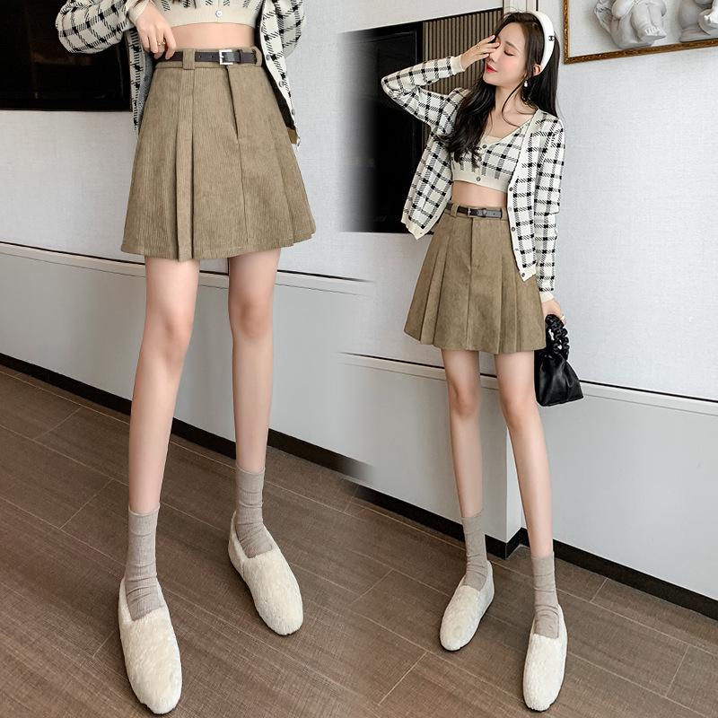 Women's High-Waisted Corduroy Wool Pleated A-line Skirt with Anti-Exposure Shorts - 2025 Autumn/Winter Collection