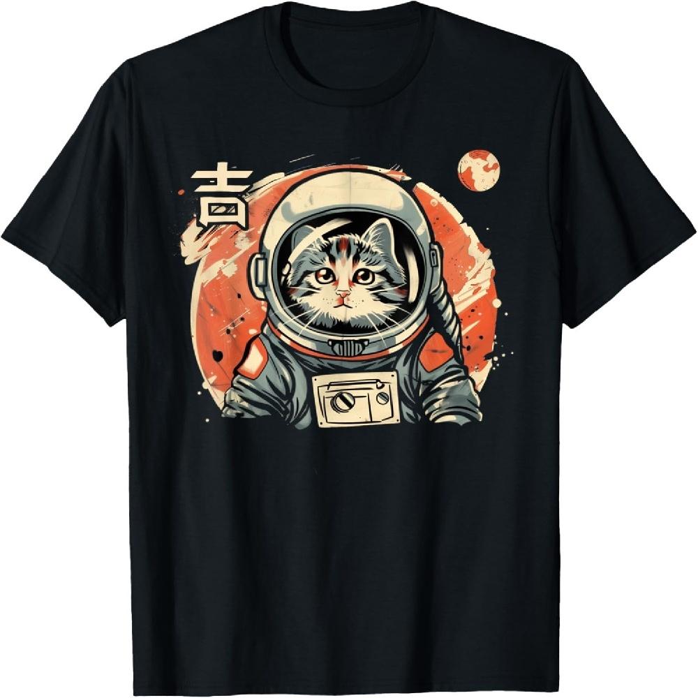 

Japanese Minimalist 1950s Retro Space Cat Good Luck Kanji T-Shirt, Small, Black XXXXXL чорний