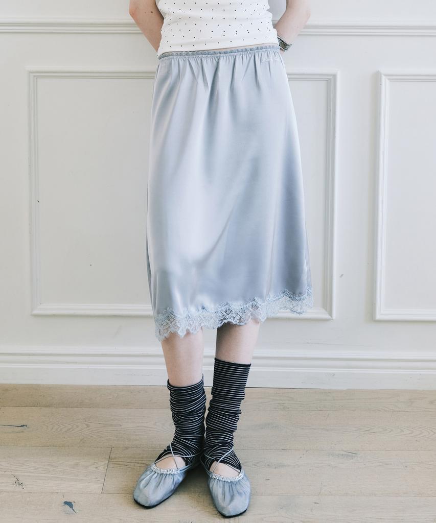 Nigaennikol Satin Lace Long Skirt_Light Gray