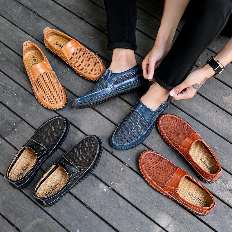 Men's Breathable Mesh Summer Sandals - Size 50, Soft Sole Slip-on Leather Shoes for Dad