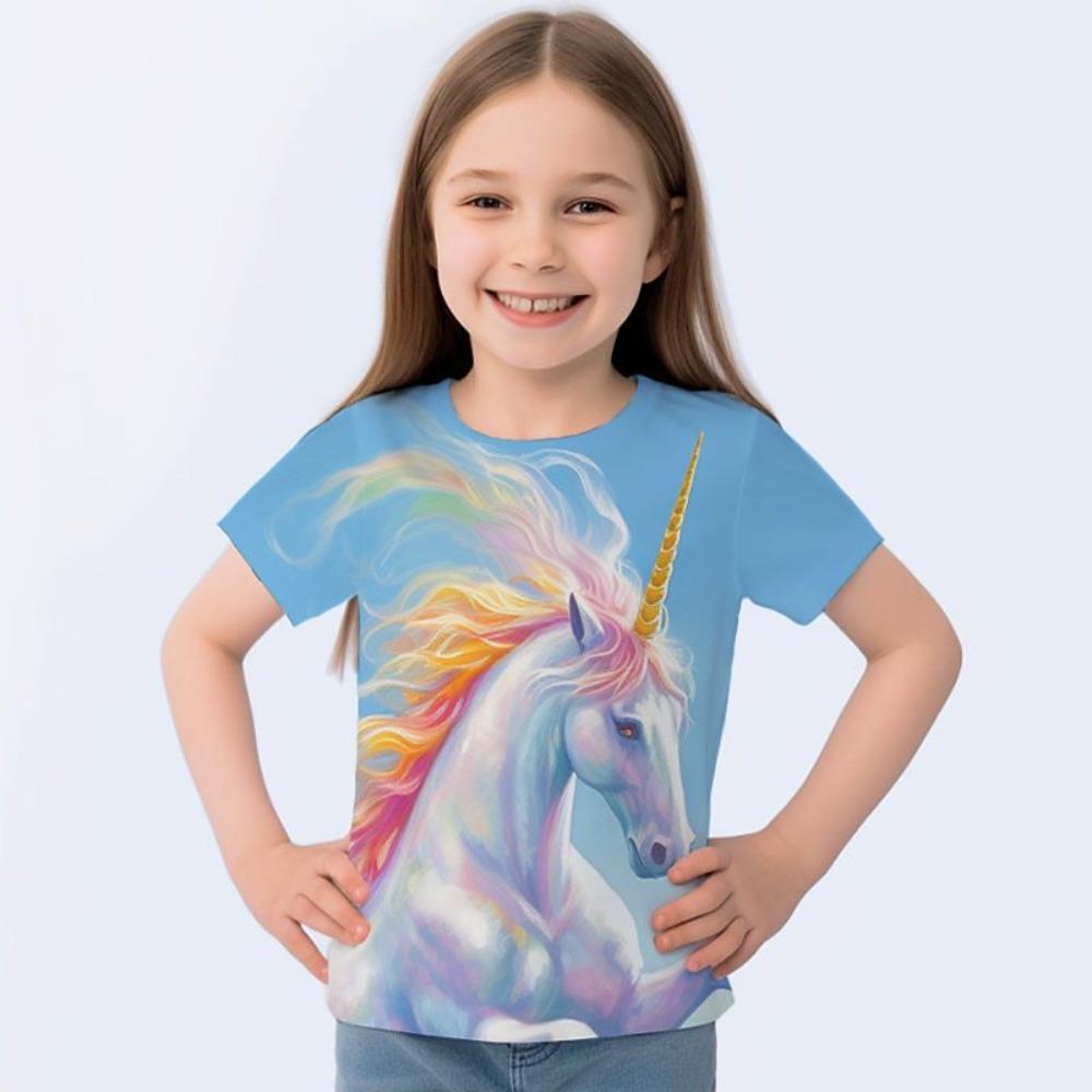 Children's Cute Animal 3D Digital Printed Girl Fashion Casual Round Neck Short Sleeved T-shirt