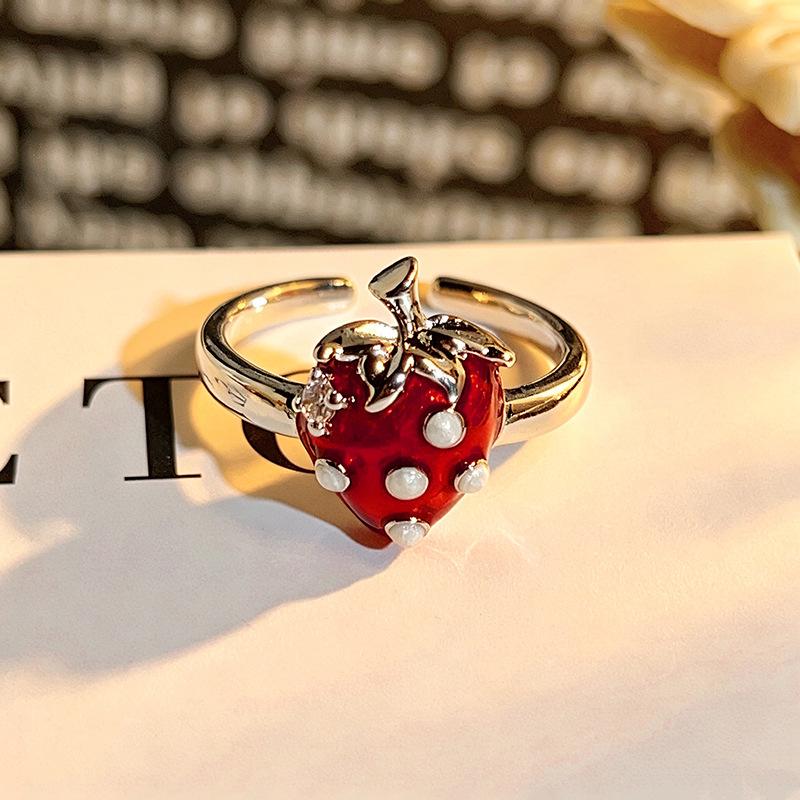 Niche Premium Stack‑Wear Open Ring Vibrant Sweet Girly Fruit Enamel Drop‑Glaze Strawberry Zircon Adjustable Fashion Jewelry