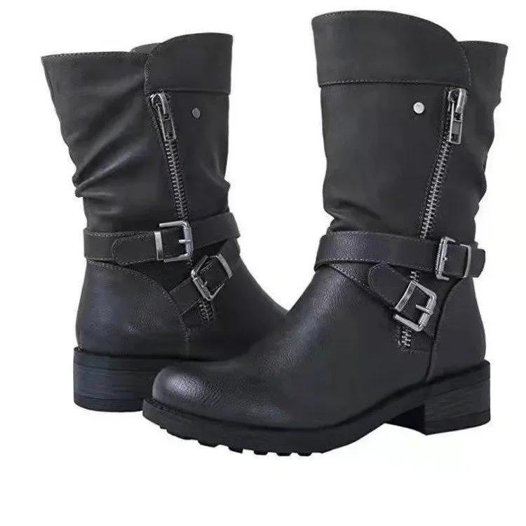Shoes Women's Leather Boots Retro Belt Buckle Mid Calf Boots Round Toe 2025 New Water Proof Casual Boots Women Botas De Mujer