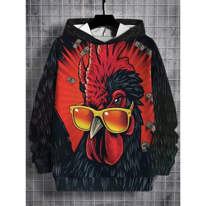Autumn 3D Rooster Graphic Printed Hoodies Fashionable Casual Sports Pocket Long Sleeved Men's Hooded Sweatshirts