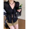 Women's Black Sheer Chiffon Sun Protection Shirt, Lace-Up Waist, Slimming Fit - Autumn 2026