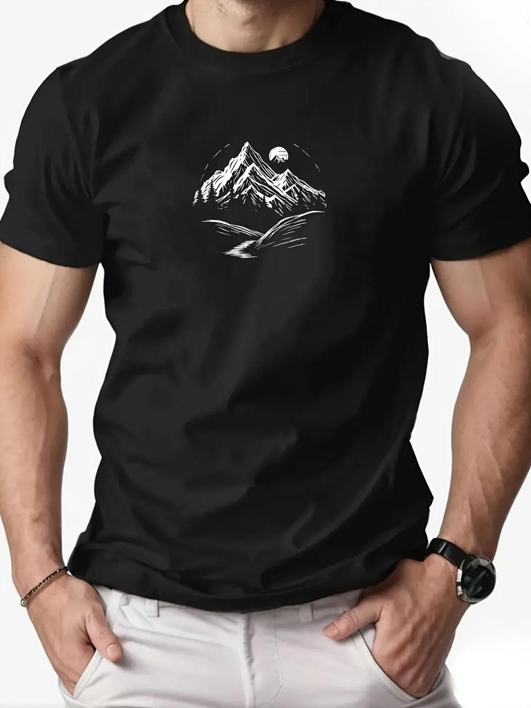 Mens Summer Casual Shortsleeved Tshirt Mountain Scenery Pattern Print Ideal Outdoor Vacations Comfortable Breathable Fashion