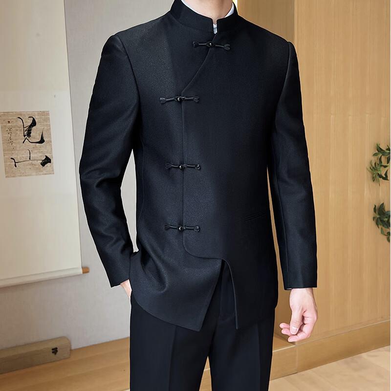 Romon Men's Black Chinese Style Stand Collar Suit Set