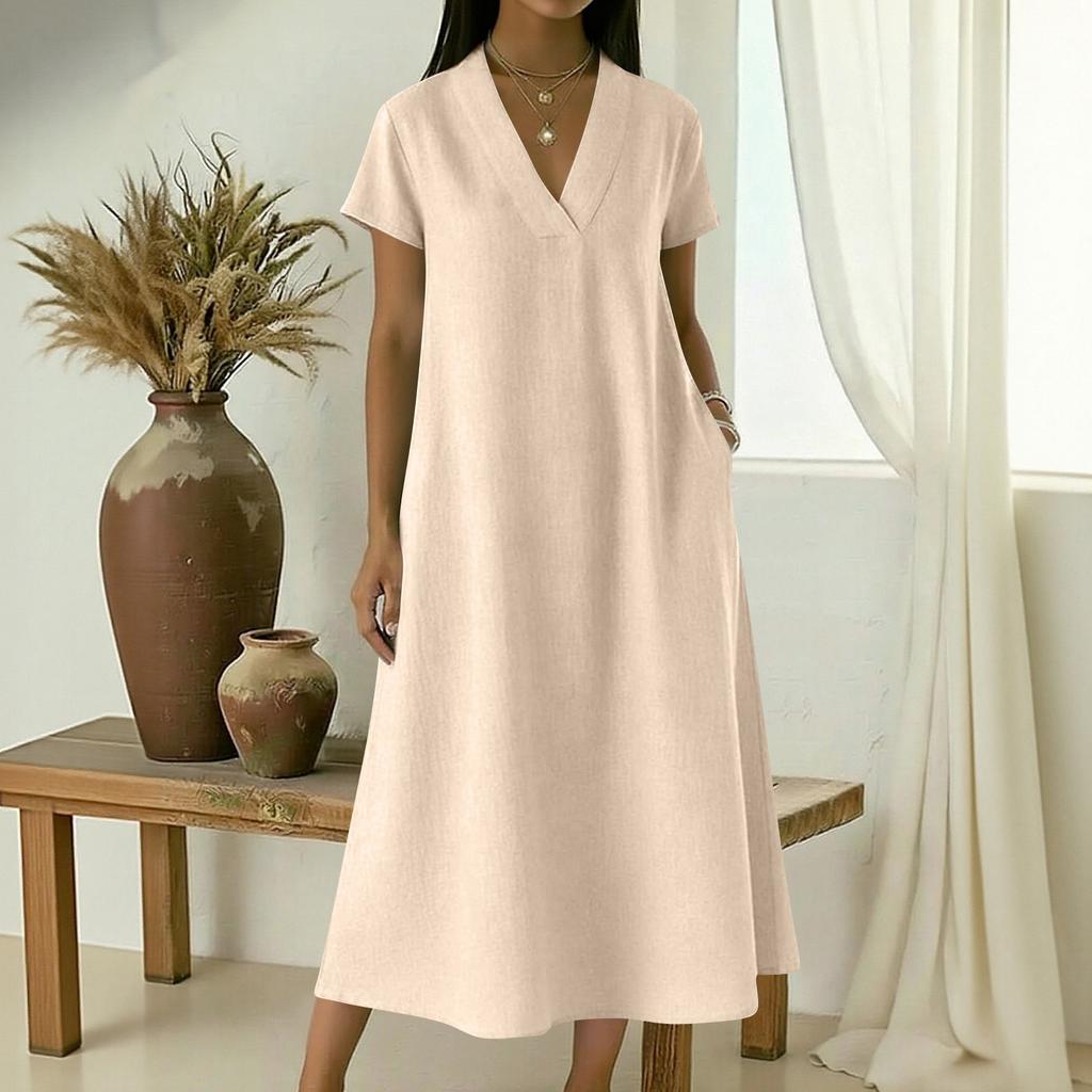 Women's V-neck Short-sleeved Mid-length Loose-fitting Dress With Large Pockets And Casual