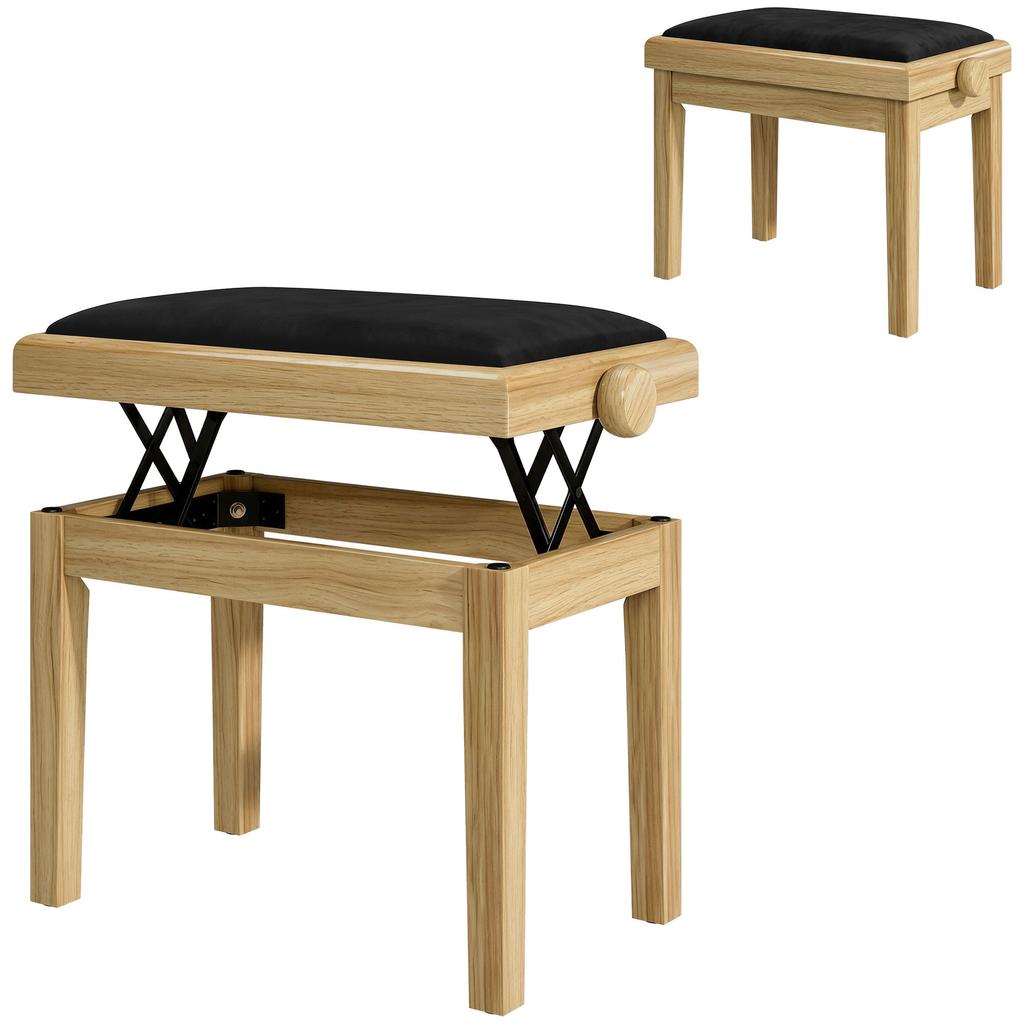 Piano Bench, Height-Adjustable, 45-56 cm, Velvet-Upholstered Seat, Natural Wood