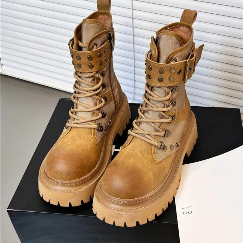 Ladies Shoes  High Quality Side Zipper Women's Boots Fashion Cross Lacing Office and Career New Round Toe Mid-Calf Boots