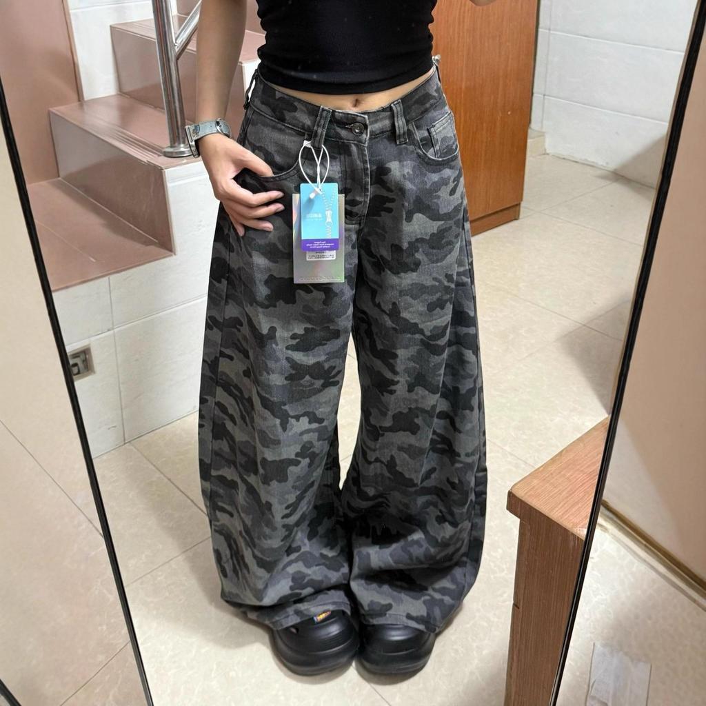 Women's High Rise Camo Wide Leg Jeans Loose Floor Length Vintage American Washed Non-Stretch Summer Denim Trousers