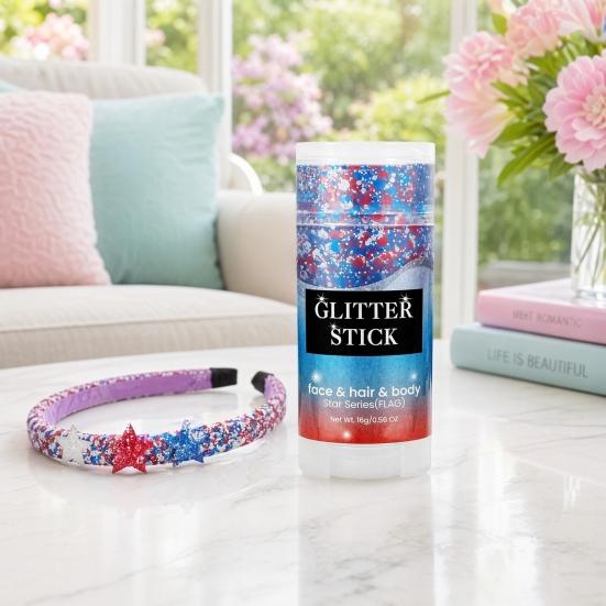 16G Glitter Stick for Face Hair Body, Independence Day Patriotic Glitter Stick, Red Blue White Makeup Stick for 4th of July, Veterans Day