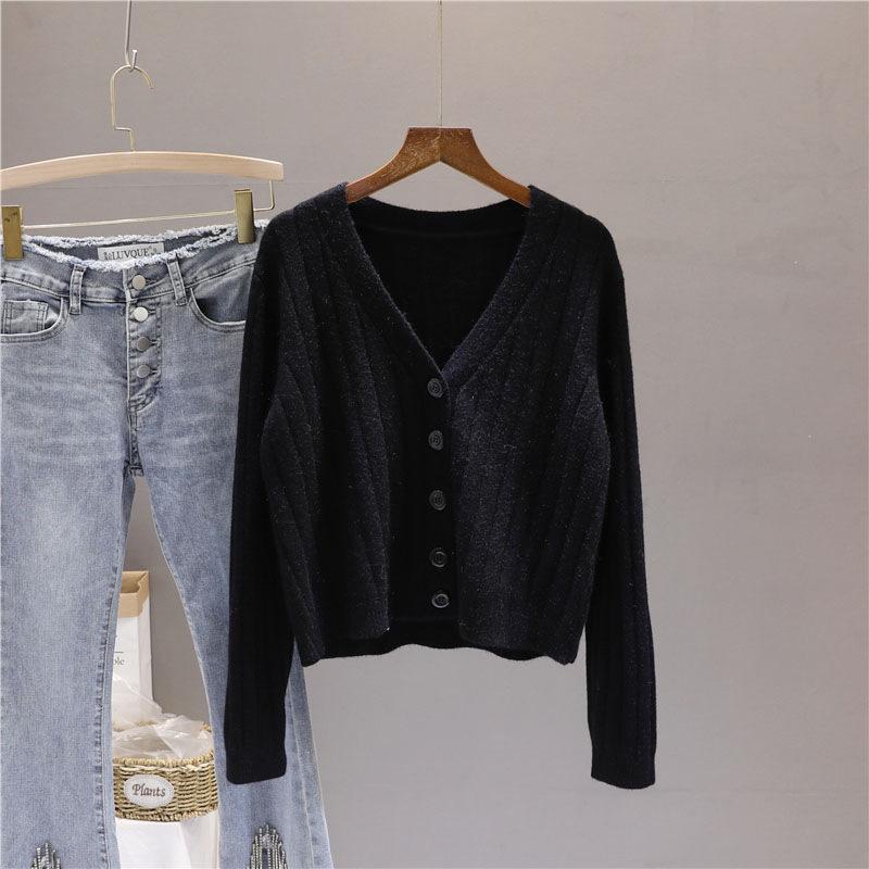 Herbstlicher, vielseitiger Kurzstil mit lockerem Netzstoff, roter, langärmliger Pullover mit V-Ausschnitt, Strick-Cardigan-Jacken-Top für Damen