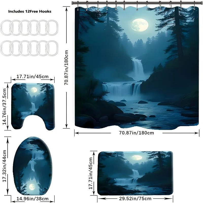 4pcs Moonlight Forest Waterfall Landscape Pattern, Apartment Bathroom, Shower Room Shower Curtain, Hotel Shower Curtain Set
