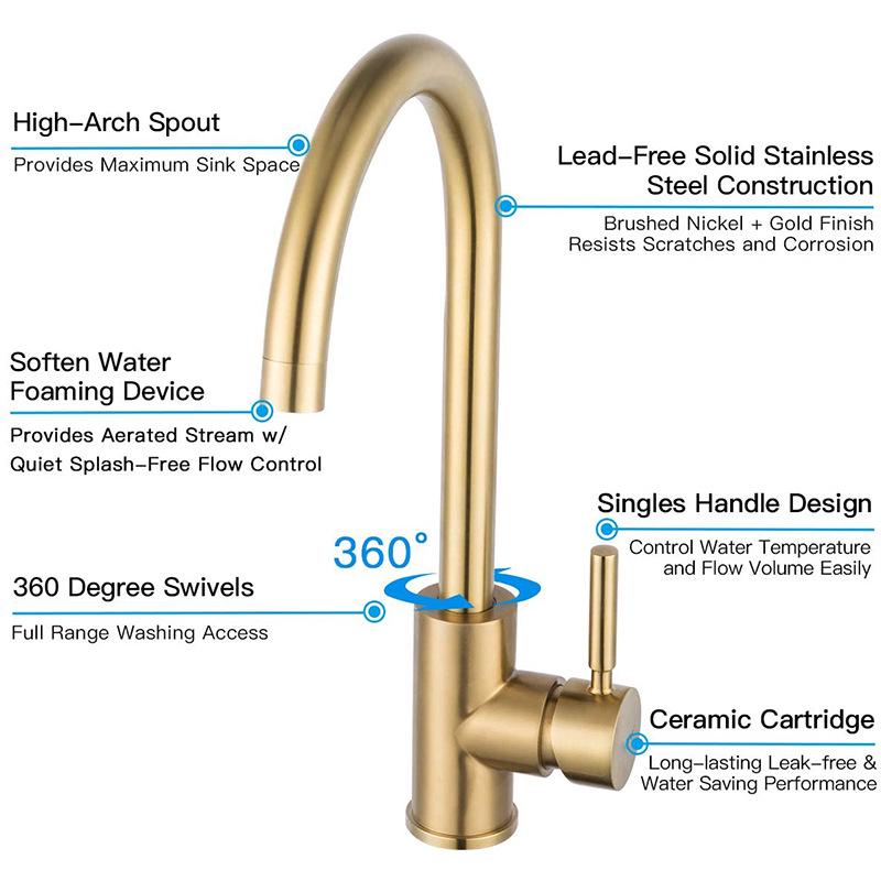 Stainless Steel Brushed Gold Kitchen Faucet with Hot and Cold Water Mixer