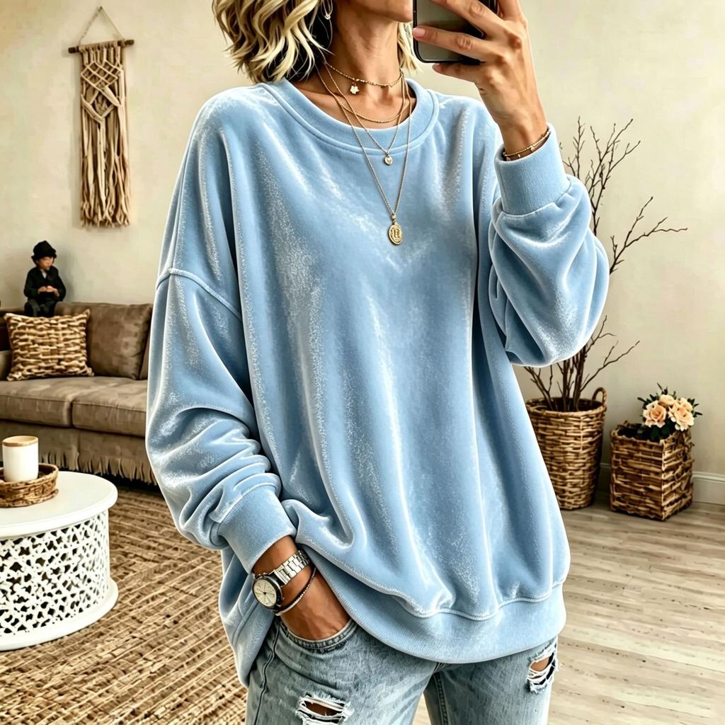Women S Long Sleeve Solid Color Casual Crew Neck Velour Sweatshirt