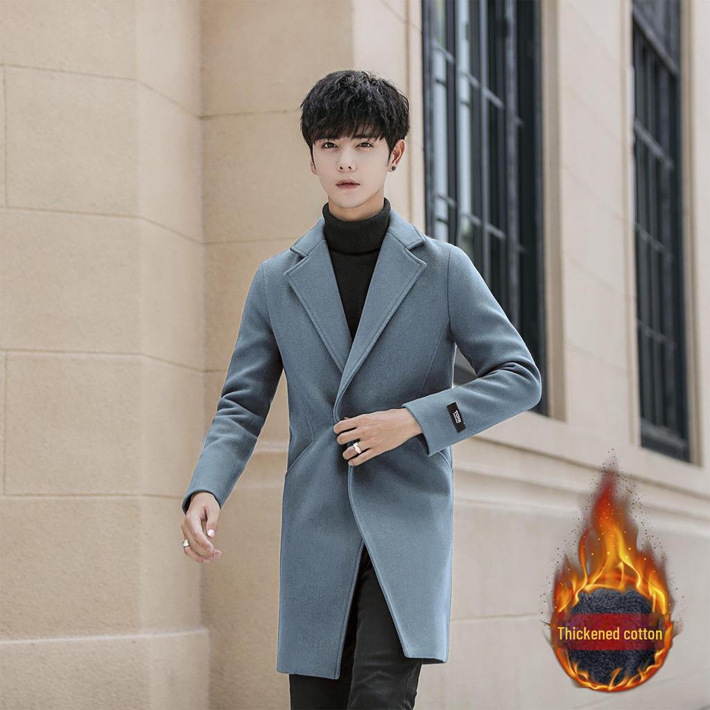Men's 2022 Korean-Style Woolen Windbreaker Coat with Plus Velvet Long Jacket.