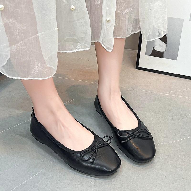 Bow Soft Sole Single Shoes Fashion Round Toe Shallow Mouth Soft Leather Anti-slip Wear-resistant Low Top Shoes