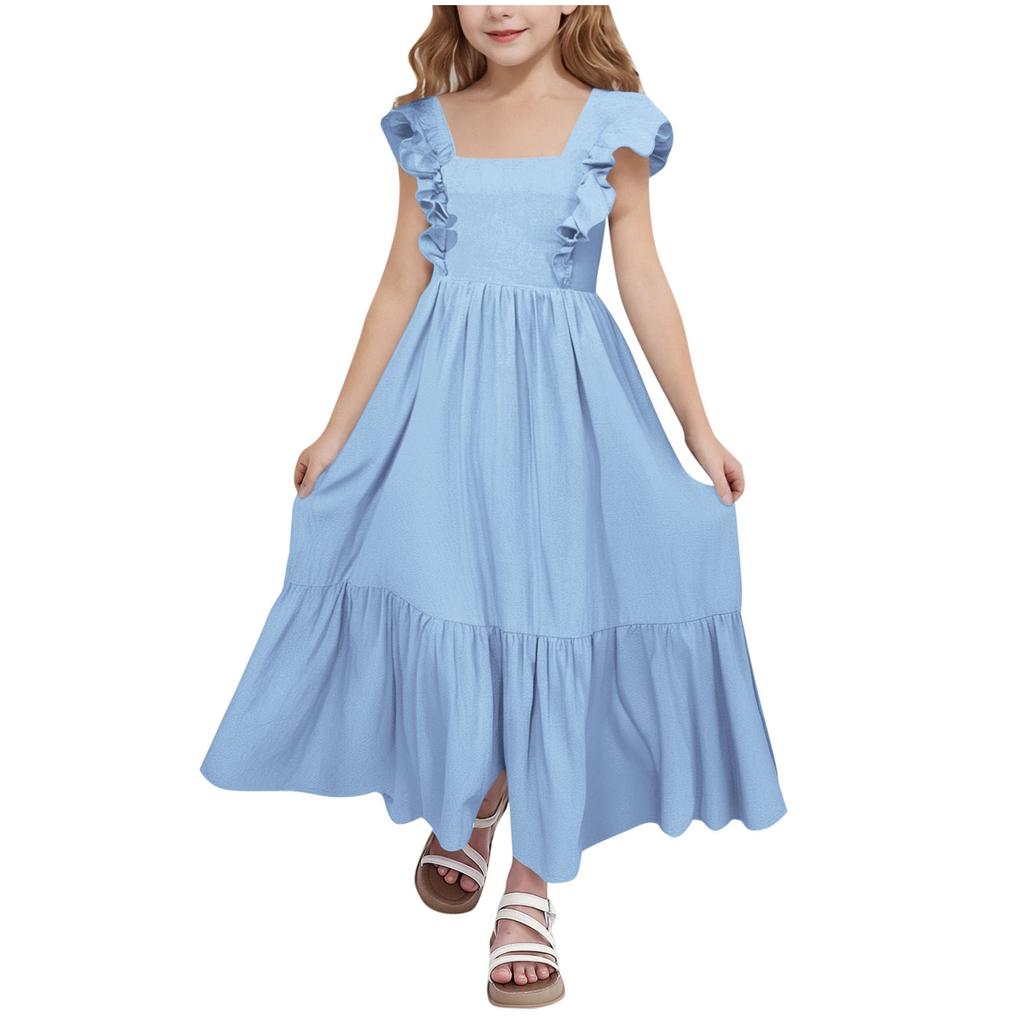 Girls' Square Neck Dress - Sweet Backless Sundress