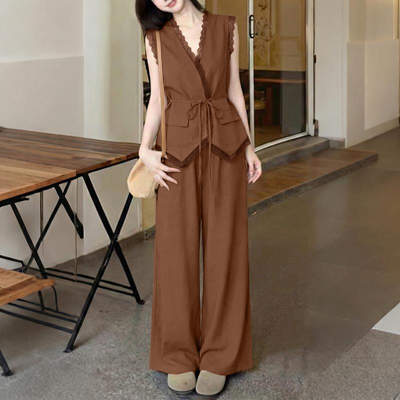 ZANZEA Women Sleeveless Lace Vest Tops and Pants Summer Two Piece Suit Sets