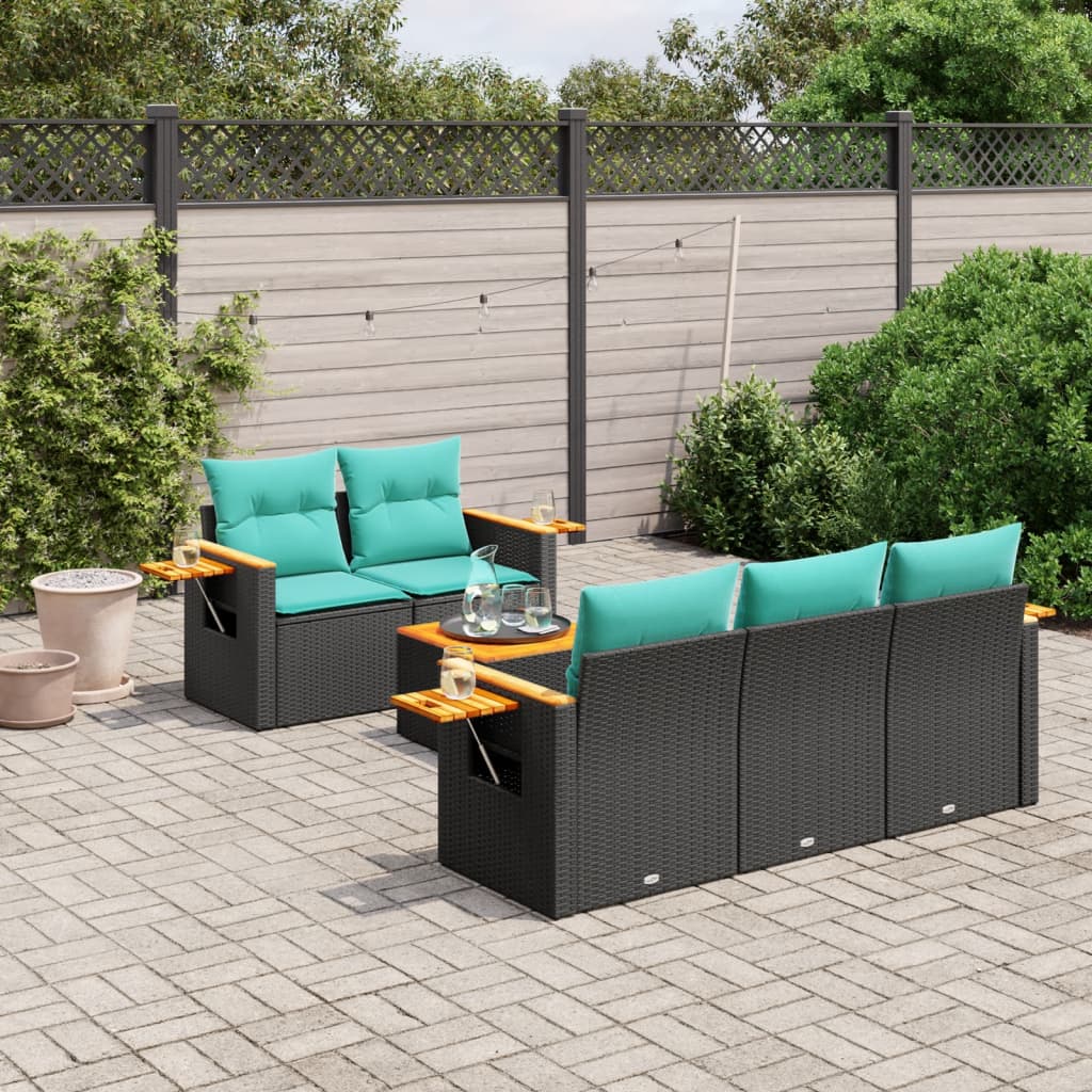 6 Piece Garden Sofa Set with Cushions Black Poly Rattan