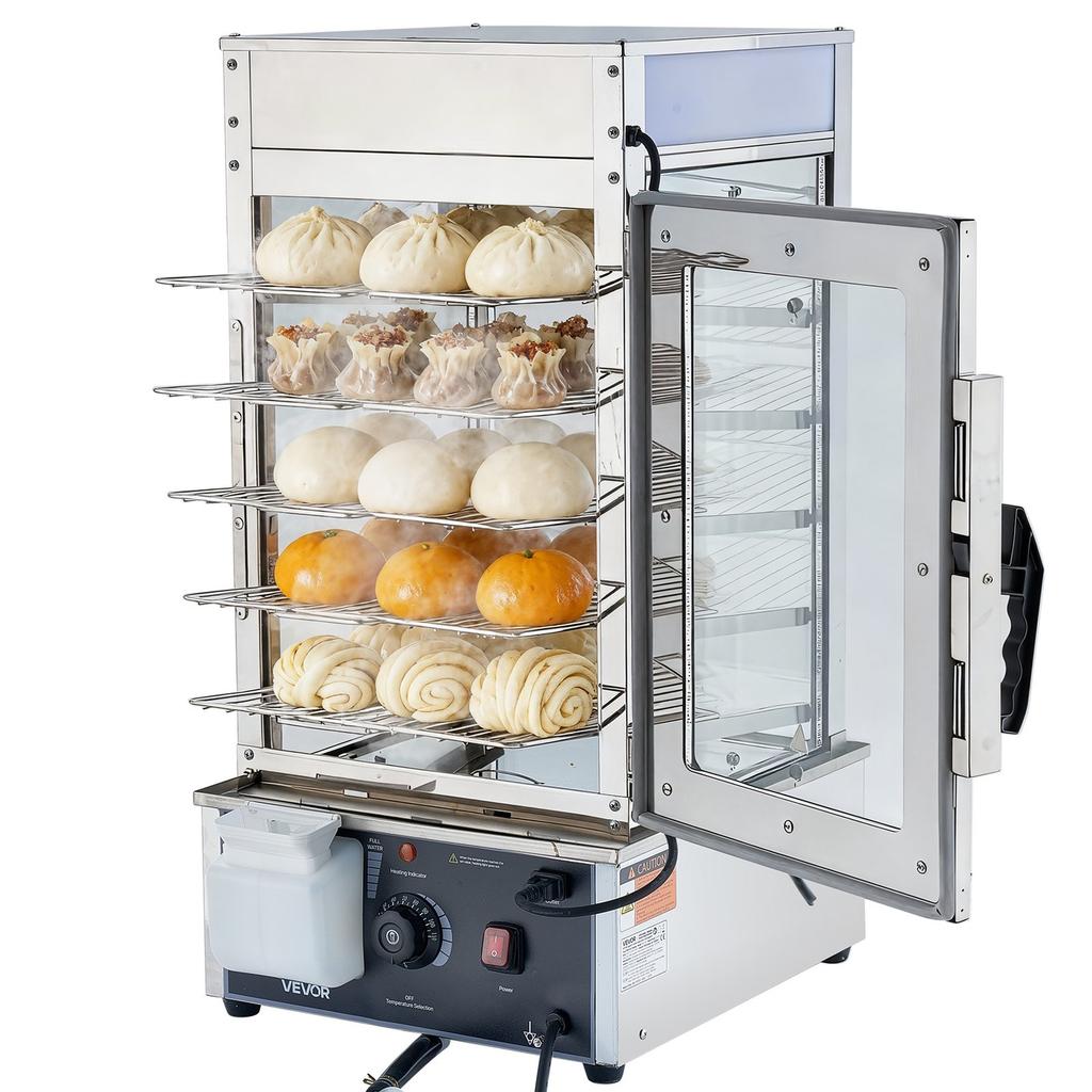 5-Tier Commercial Food Warmer Display, 1200W Food Display Warmer with LED Light, Adjustable Shelf & Stainless Steel Frame, 30~110 Steam Heating, 120L