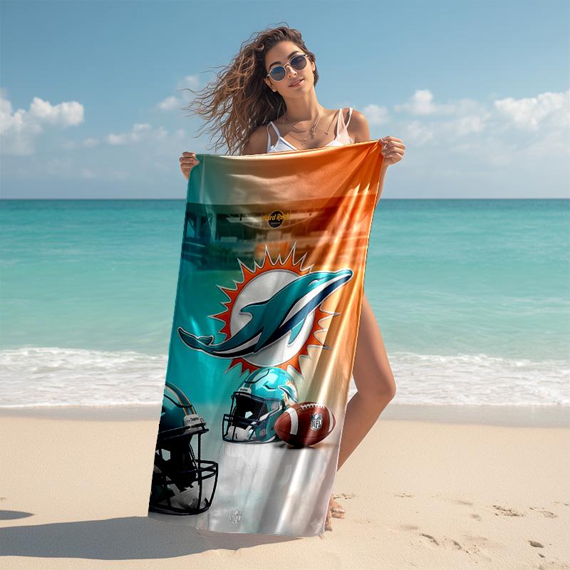 proof beach towel with Miami Dolphins logo pattern - soft,absorbent,quick-drying,machine washable - perfect for swimming,camping,bathing