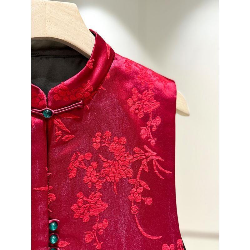 Zhang Velvet Jacquard New Year's Red Vest Women's 2025 Spring New Stand-up Collar Retro Buckle Vest