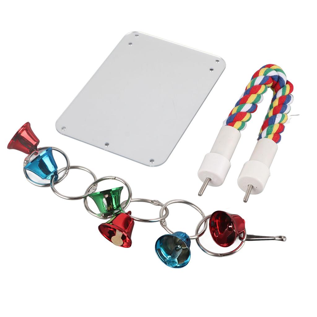 Bird Mirror Toy Colorful Chewing Standing Parrot Perch Mirror with Bell String for Parakeets