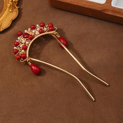 Retro Red Bead Phoenix Crown Hairpin: Chinese New Year Tassel Hanfu Hair Accessory