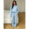 Womens Short Hooded Zip Sweatshirt Set High Waist Pants Solid Color Casual Sportswear