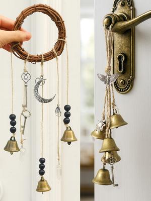 1pc Boho Wind Chime Door Hanger Retro Rattan Wreath with Bronze Bells Moon & Key Charms Handmade Hanging Decor for Home & Garden