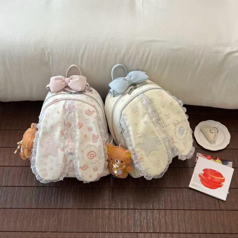 Schoolbag Cream Powder Floral Melody Backpack Sweet Girl Lace Bow Student School Bag Large Capacity Girl Backpack