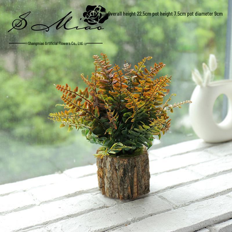 Creative Wooden Basin with Artificial Green Plant Bonsai Ornament for Display and Decoration.