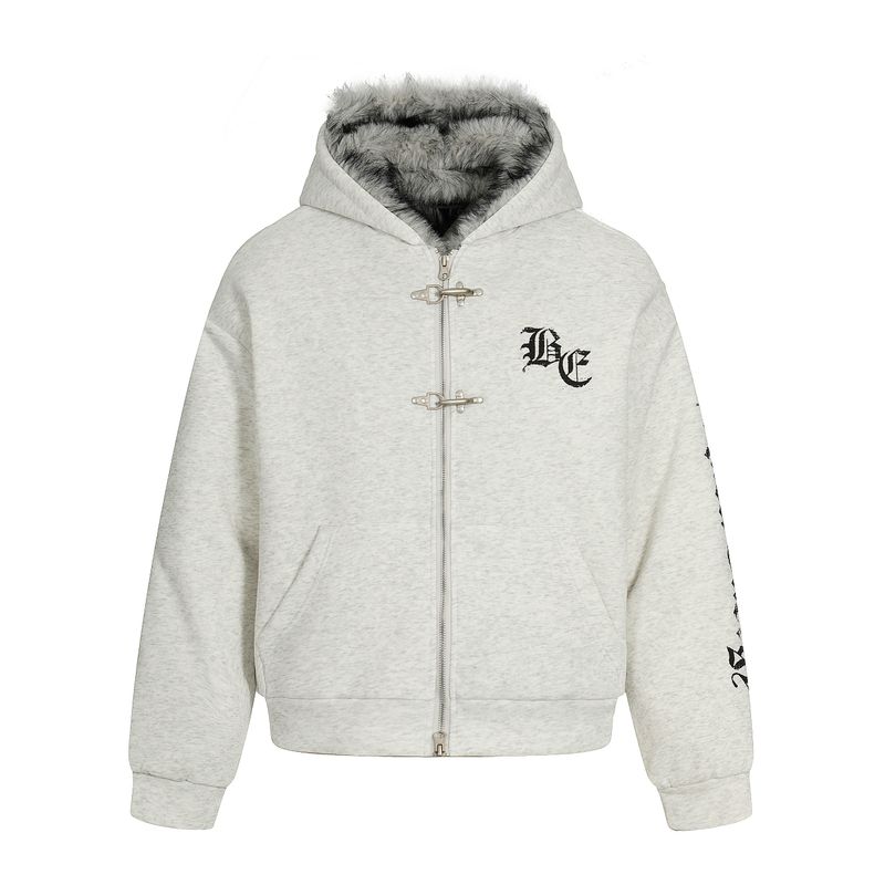 Blaexit Autumn and Winter Gothic Embroidered Cardigan Hooded Sweatshirt Men's Thickened American Style Fur Collar Jacket