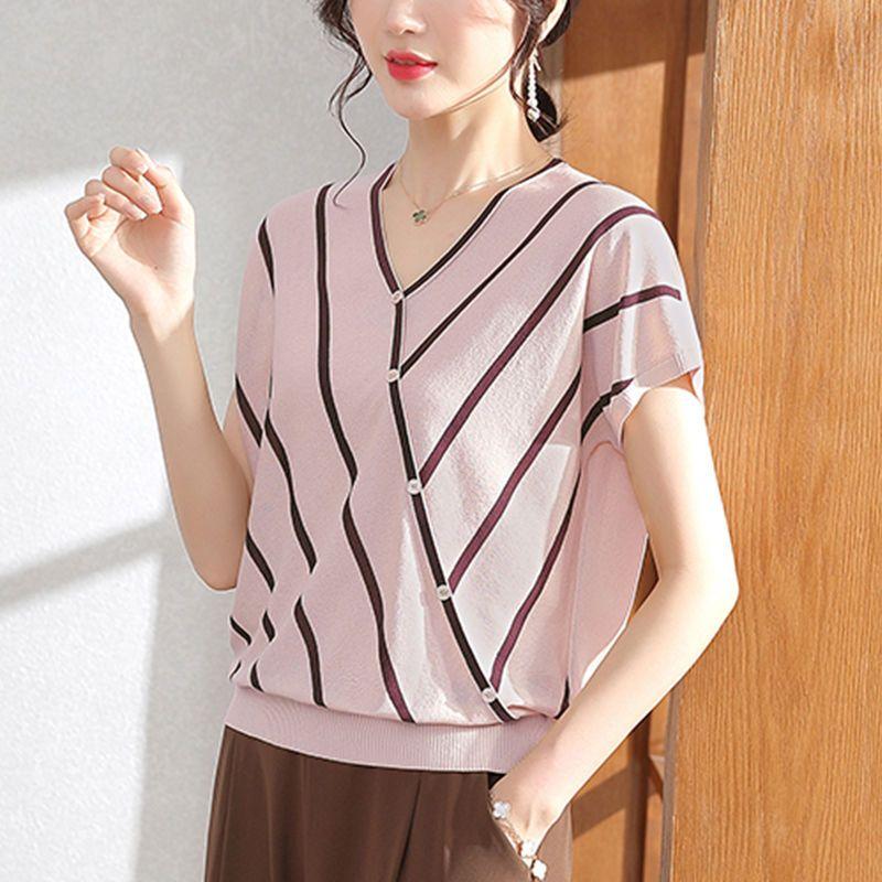 Mom Summer Striped Short Sleeved Ice Silk Knitted T-shirt Women's V-neck Top Thin