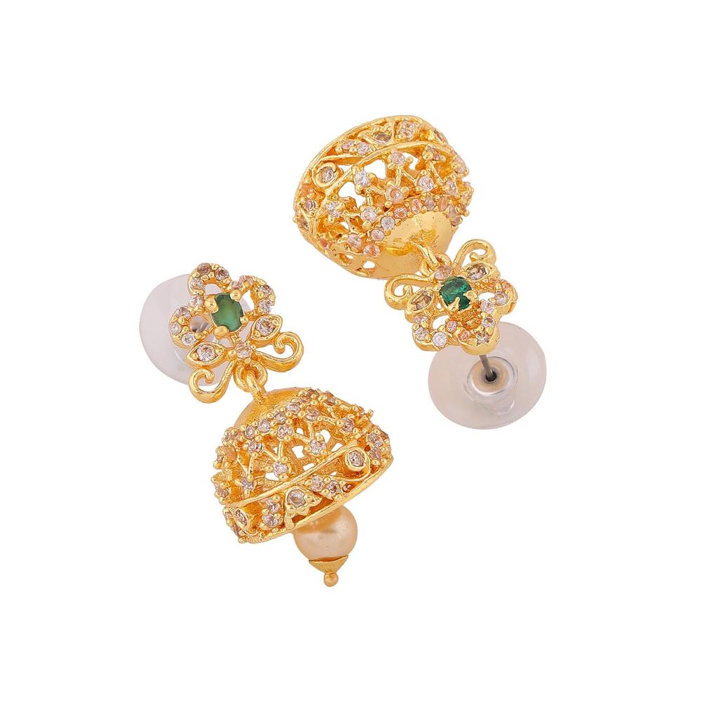 Beautiful Gold Plated Jhumki Estele Zircon Earrings For Women With Pearl And Green Crystals