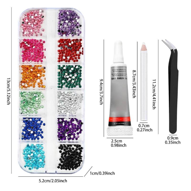 12 Color Transparent Nail Art Rhinestones Kit With 6 Shapes For DIY Manicure Includes Tweezers And 3 Glues